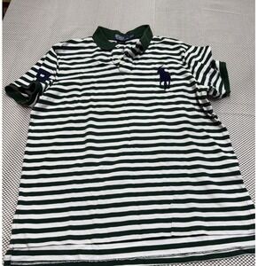 Polo Ralph Lauren Men's Green White Stripe Custom Fit Big Pony Polo Shirt XXL